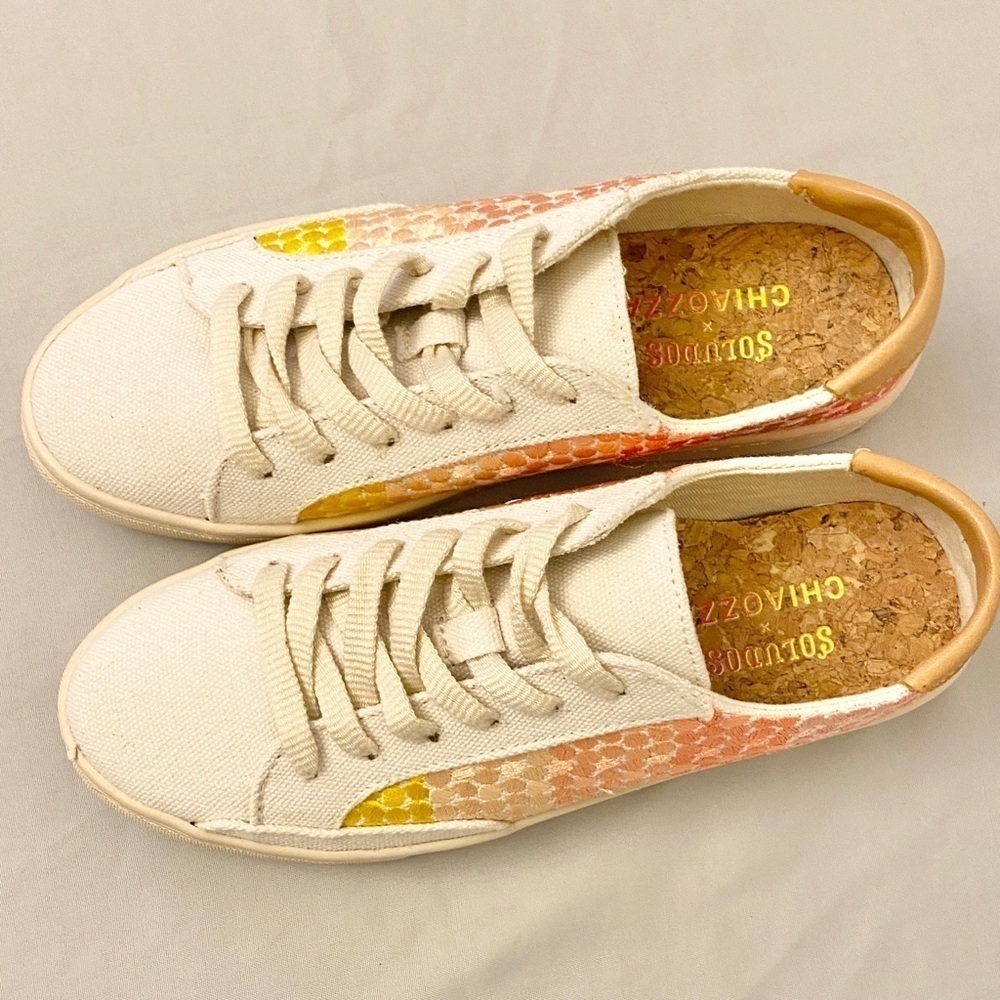 Soludos x Chiaozza Embroidered Ombré Sneaker Womens Size 5 Ivory Pink Yellow - Picture 5 of 10